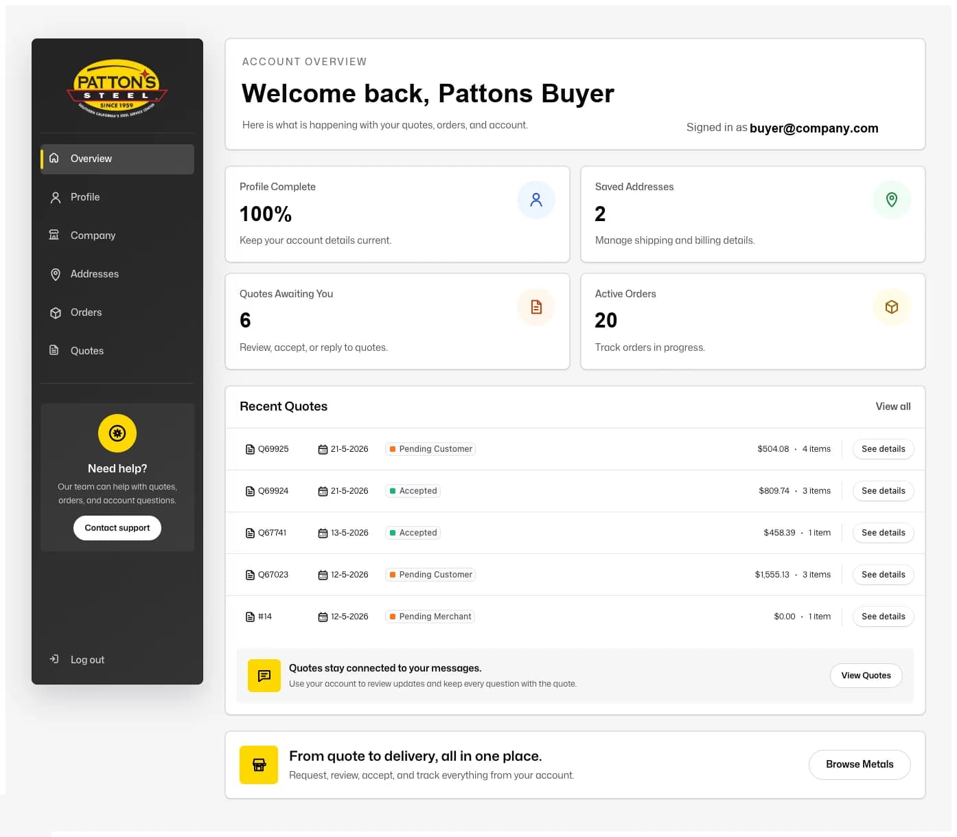 Preview of Pattons account portal dashboard